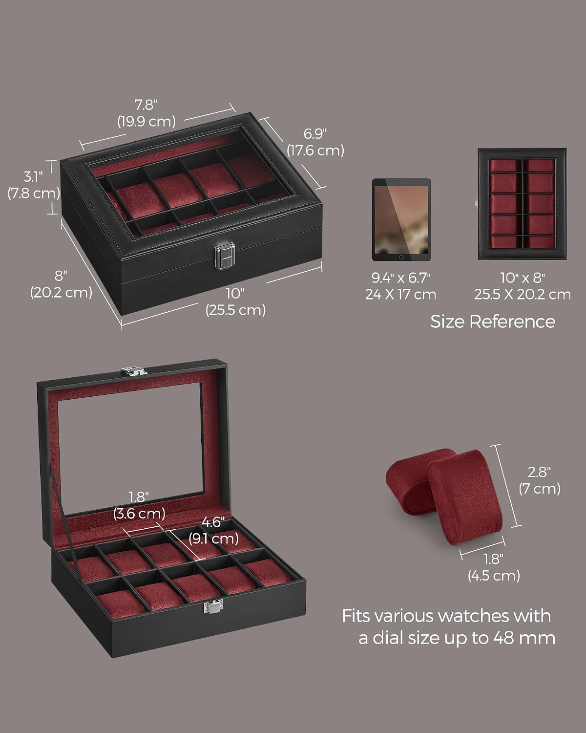 10-Slot Watch Box Organiser with Glass Lid