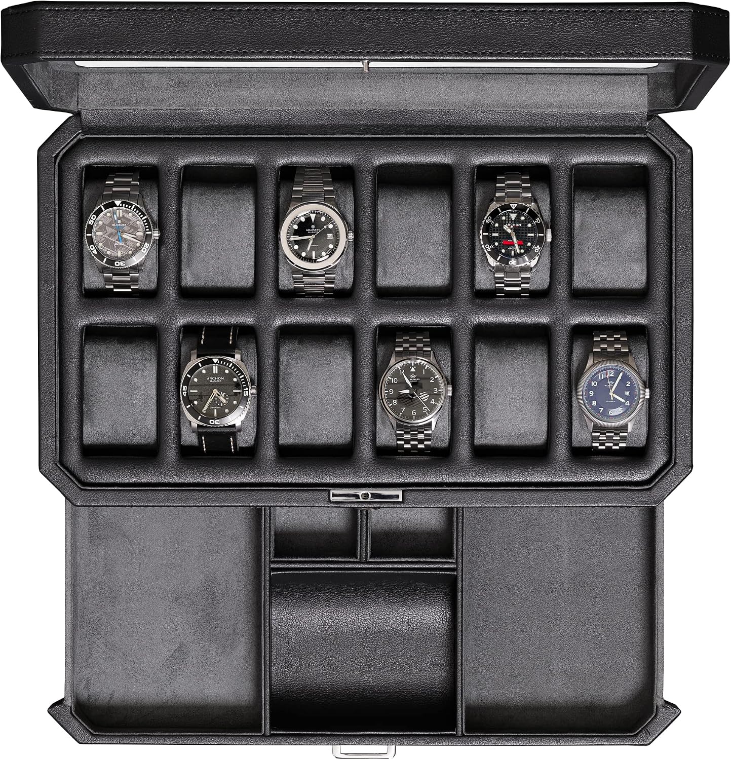 12-Slot Leather Watch Box with Valet Drawer