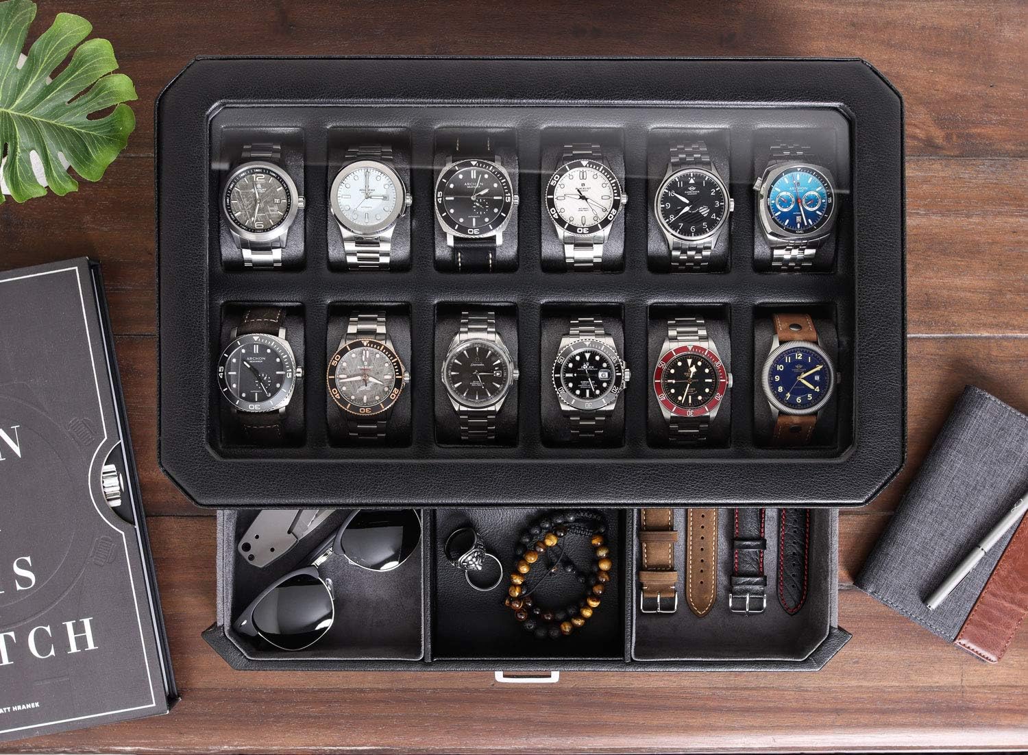 12-Slot Leather Watch Box with Valet Drawer