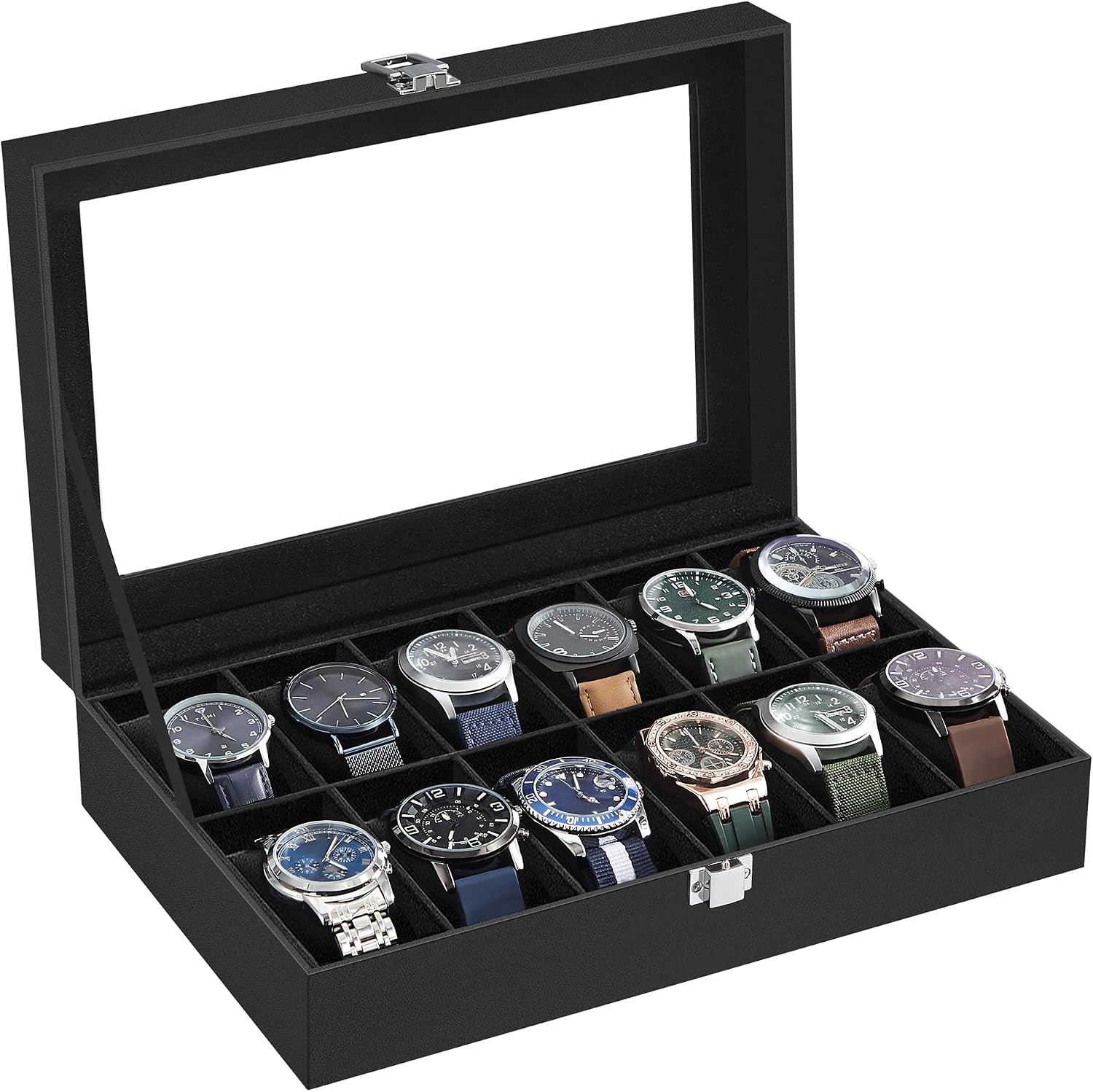 12-Slot Watch Box Organiser with Glass Lid