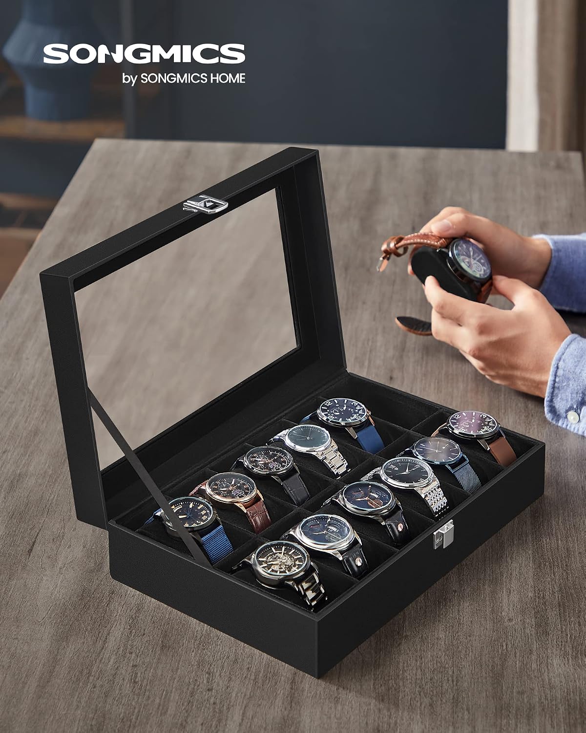 12-Slot Watch Box Organiser with Glass Lid