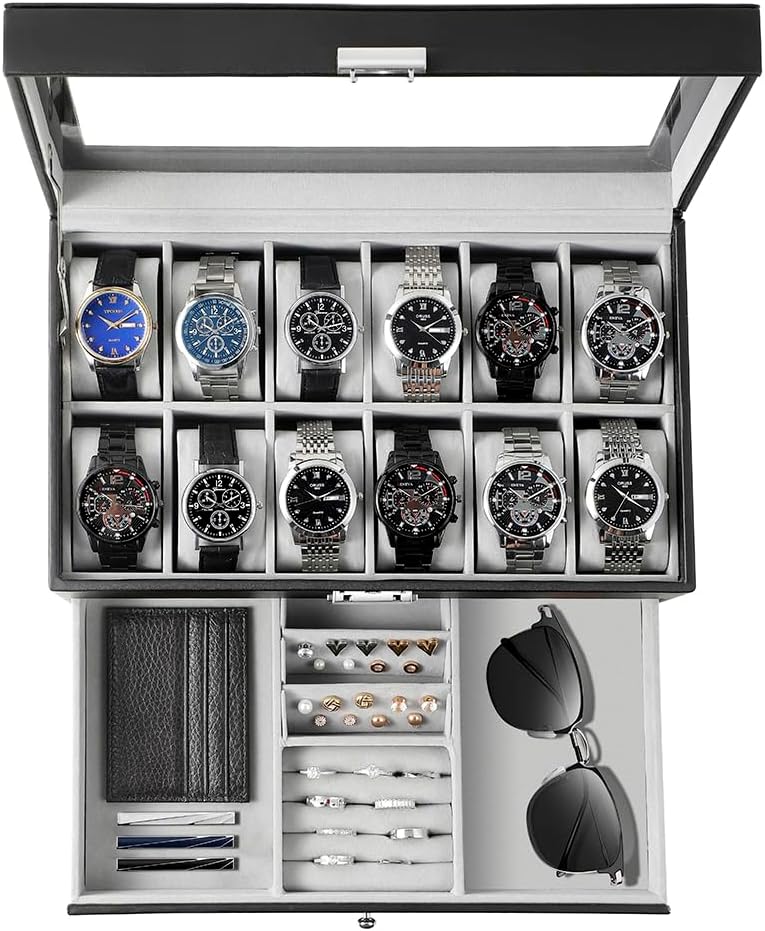 12-Slot Watch Box with Glass Lid, 2 Tiers