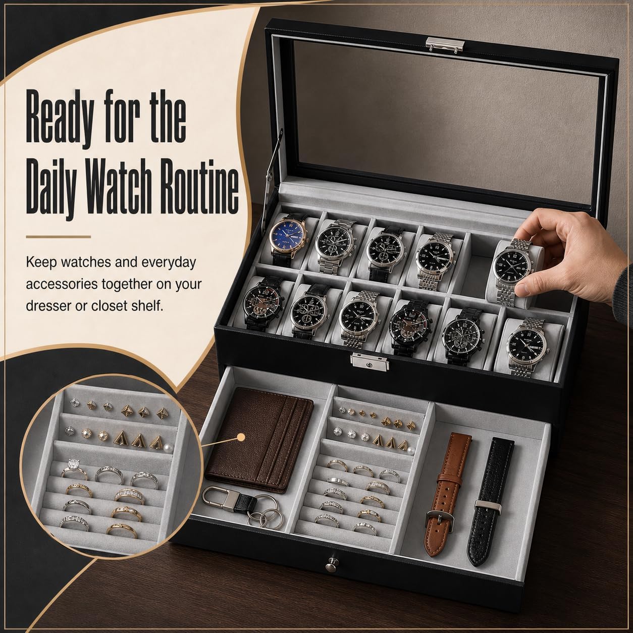 12-Slot Watch Box with Glass Lid, 2 Tiers