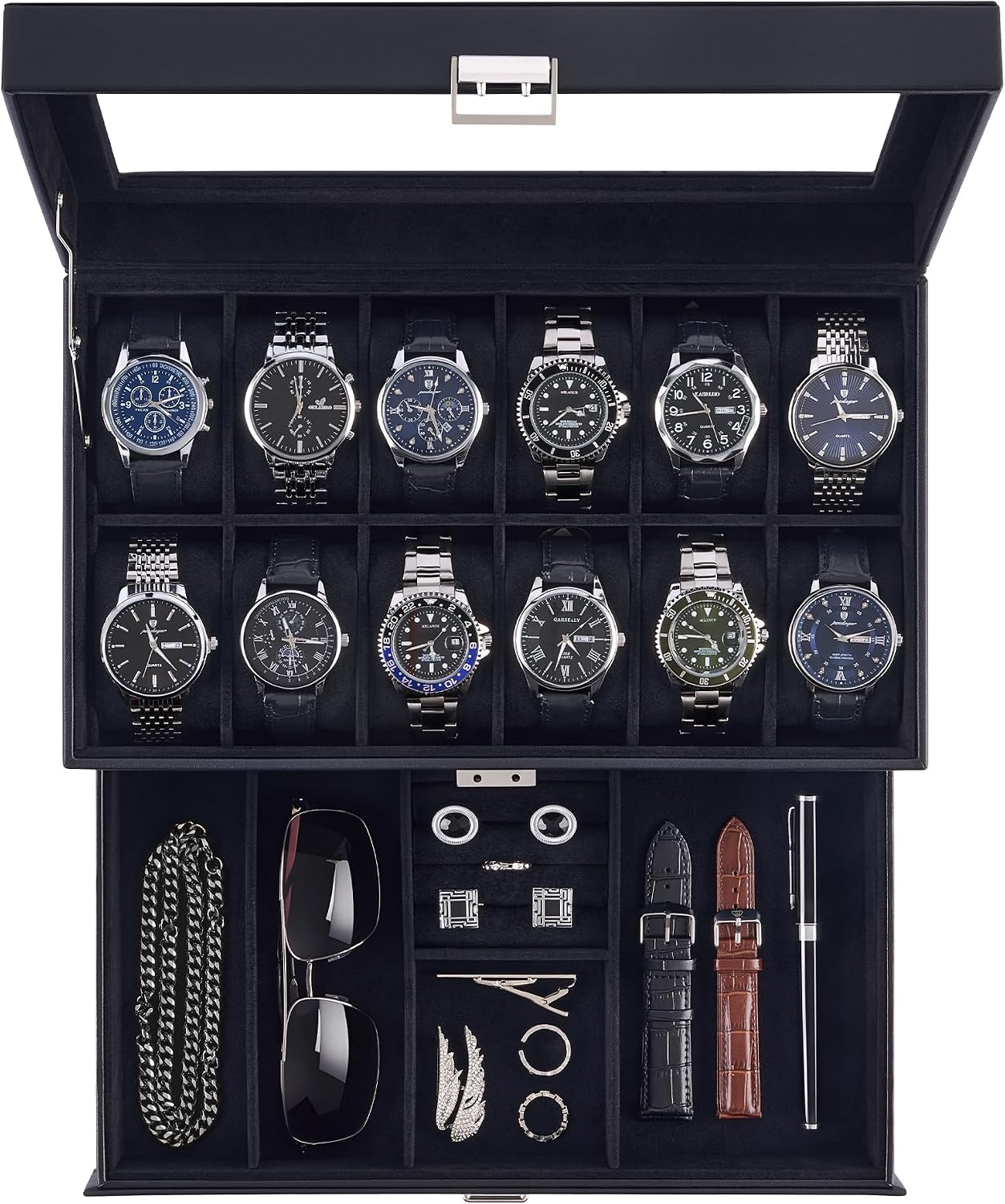 12-Slot Watch Case with Drawer and Glass Lid