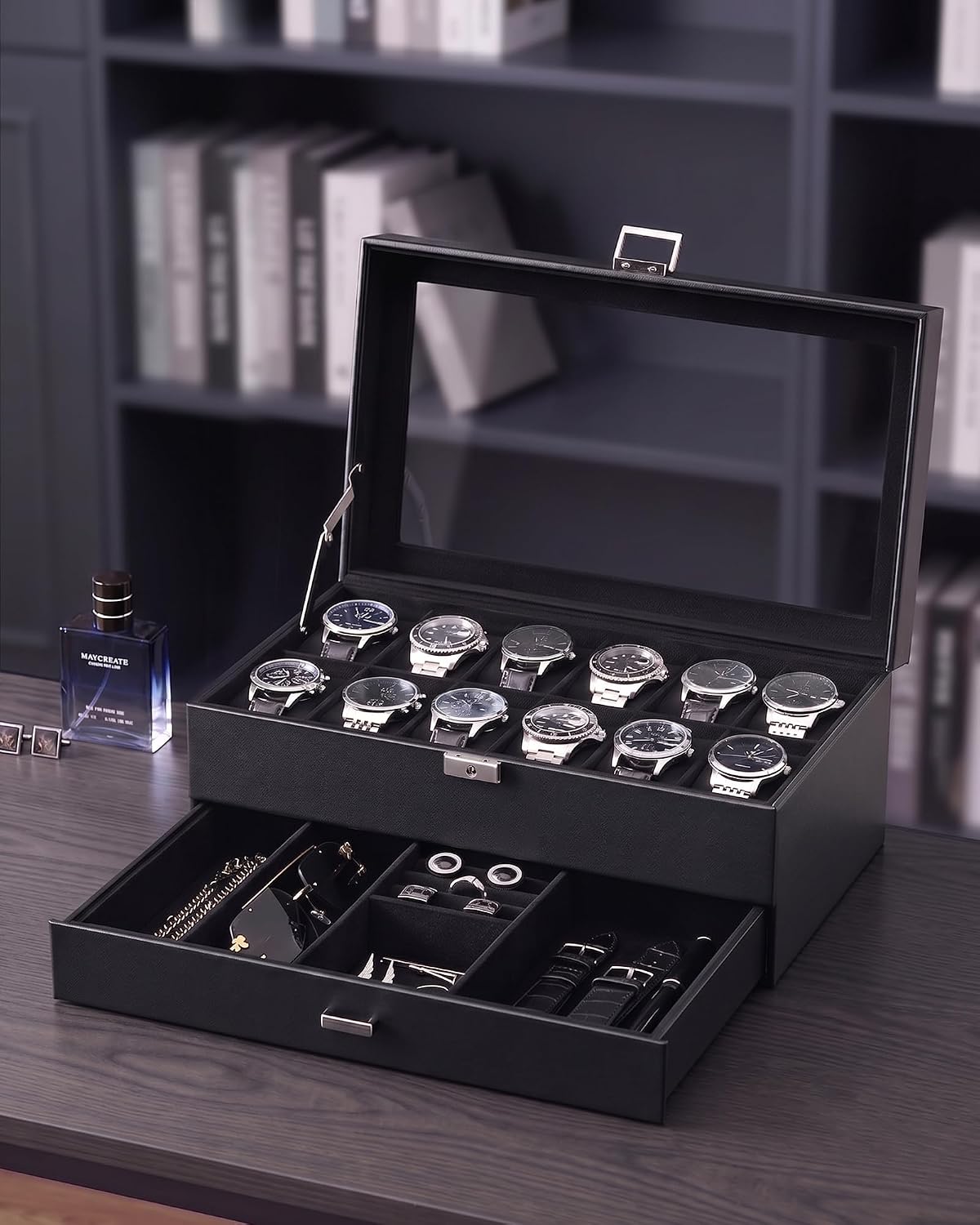 12-Slot Watch Case with Drawer and Glass Lid