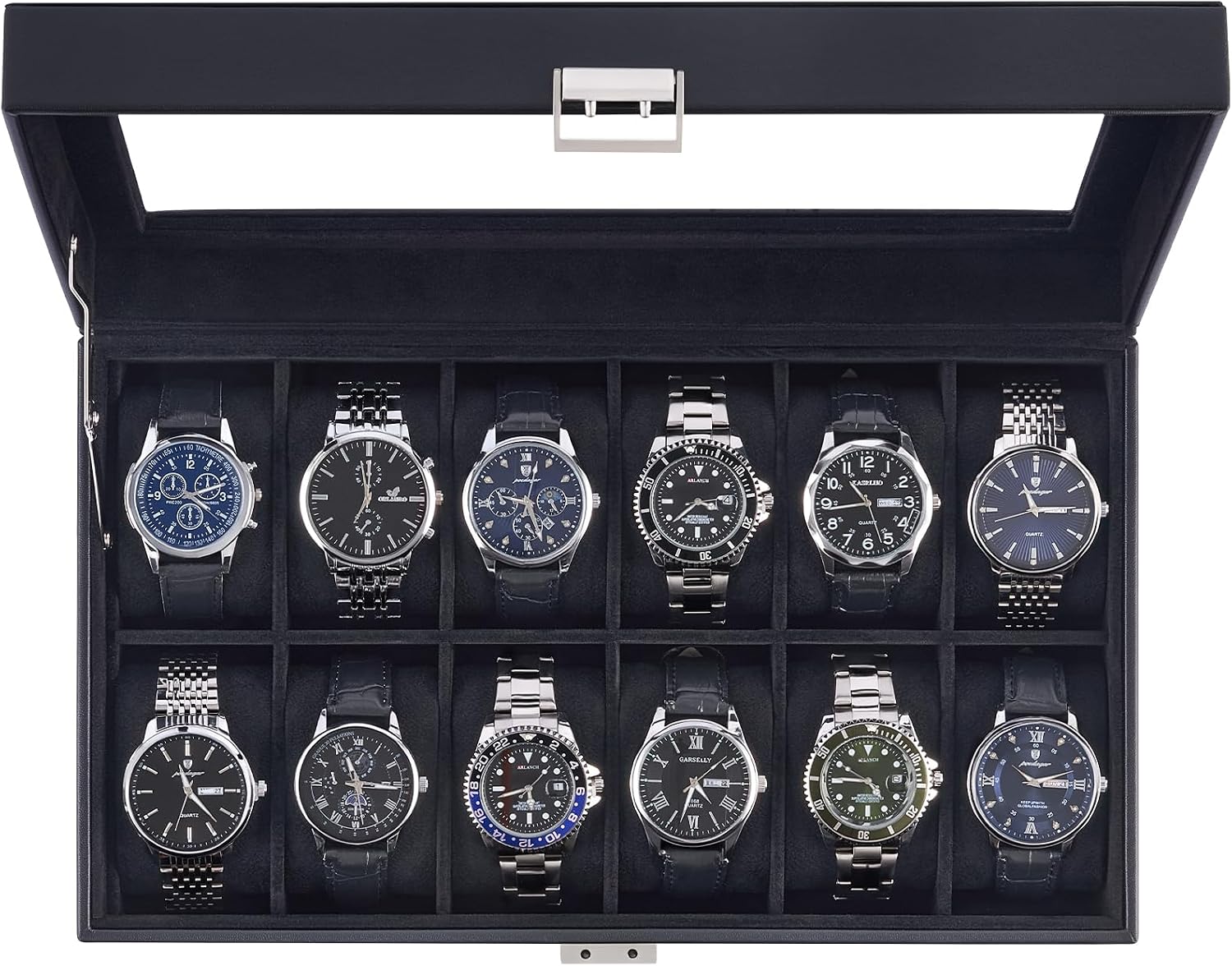 12-Slot Watch Display Box with Large Glass Lid