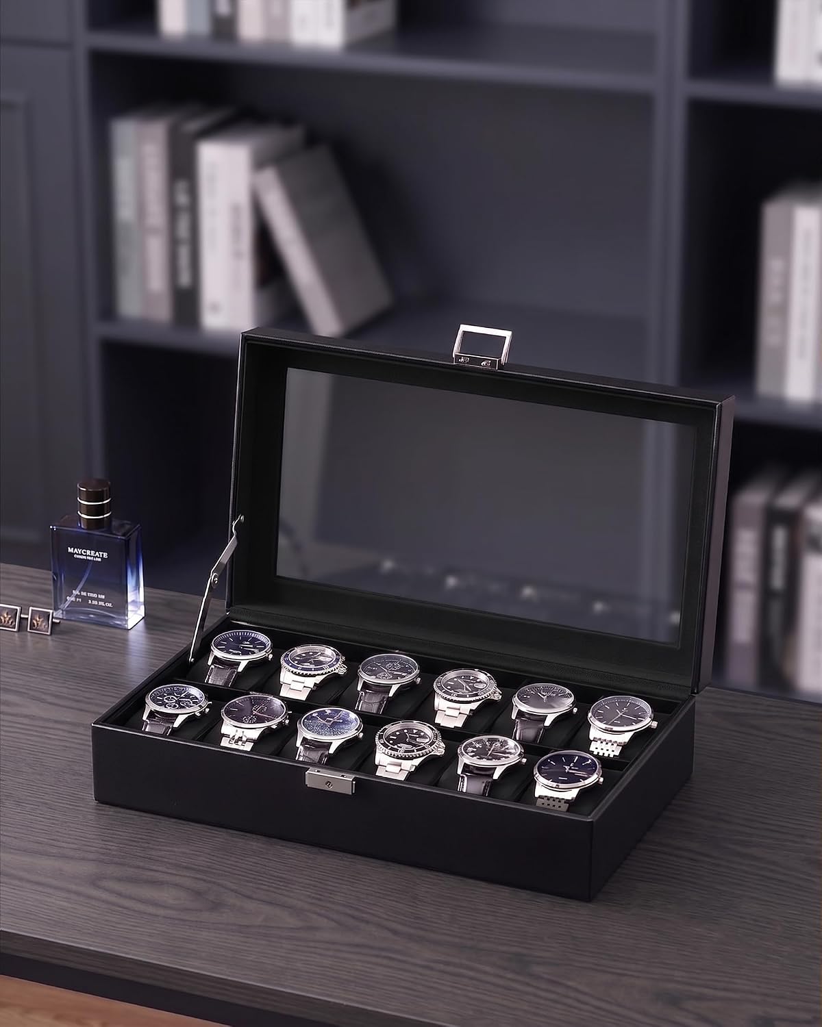 12-Slot Watch Display Box with Large Glass Lid