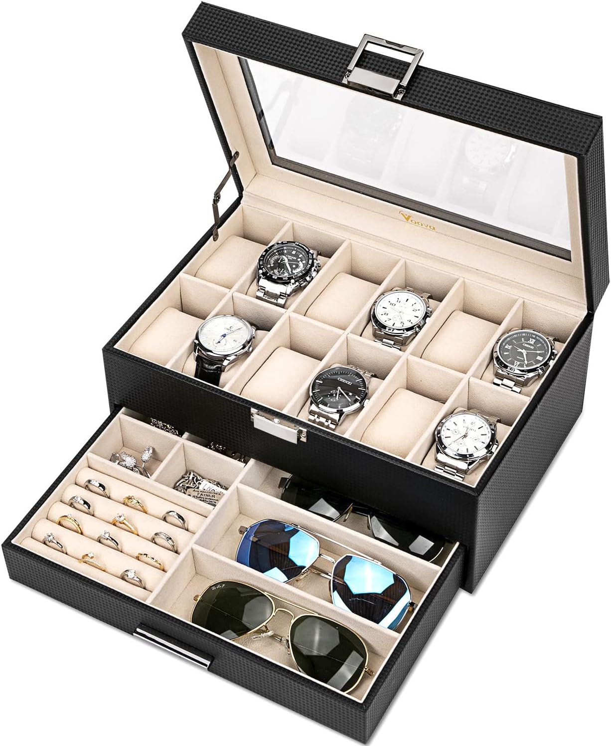 Glass-Top Watch Storage Case, 2 Layers, Black