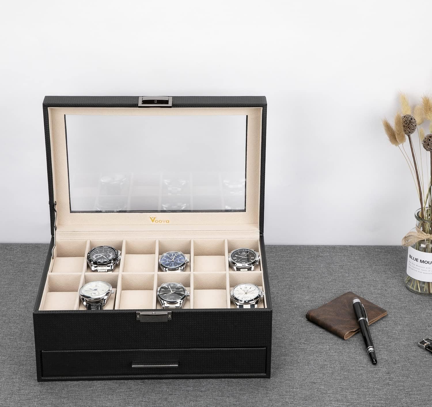 Glass-Top Watch Storage Case, 2 Layers, Black
