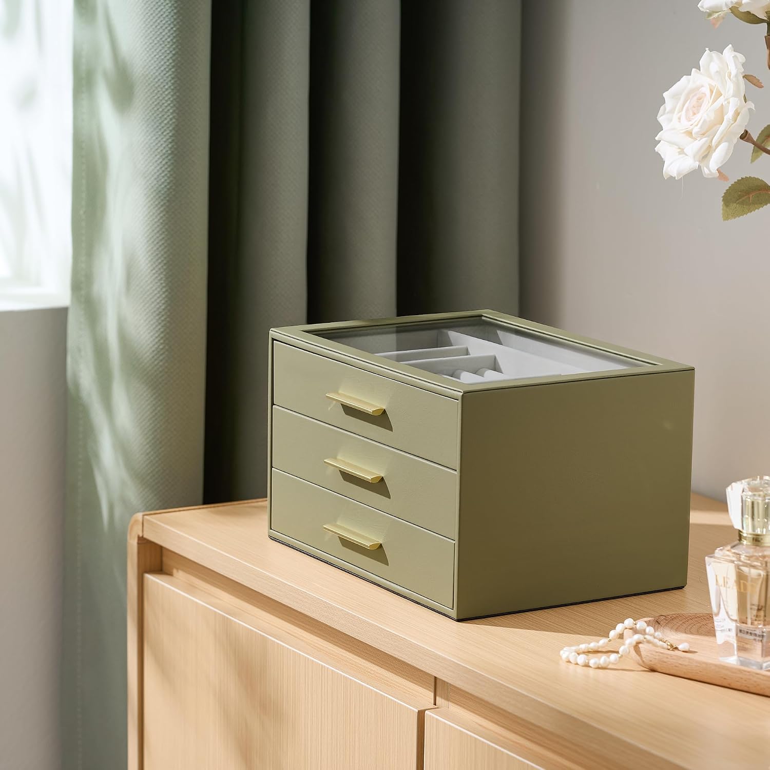 Jewellery and Watch Organiser, 3 Layers, Green