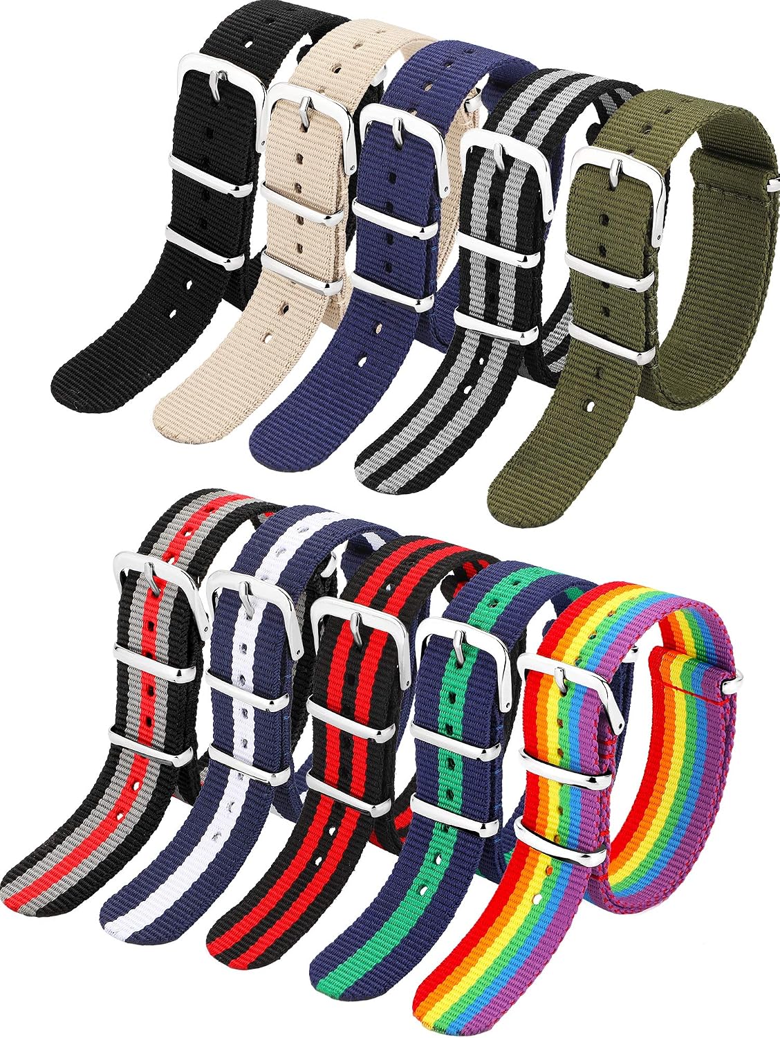 Nylon Watch Straps with Stainless Buckle, 10 Pieces